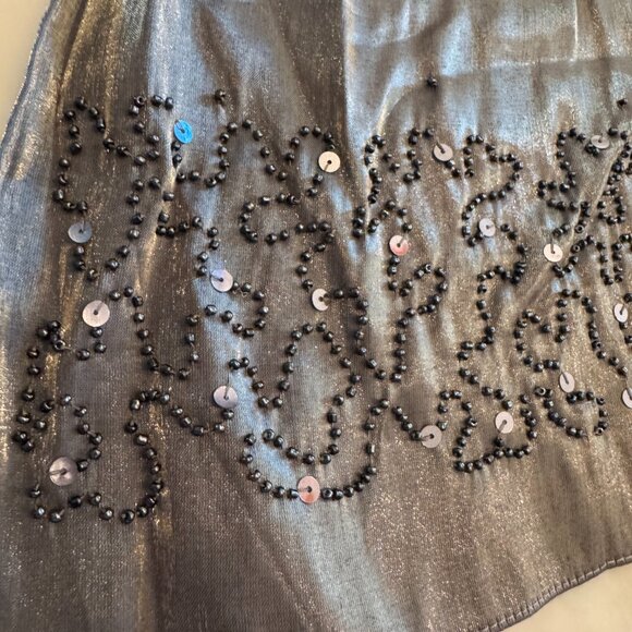 Sue Wong Scarf Dress Metallic Shiny Green Gray Shawl Hand Beaded Large #1 - Picture 9 of 16